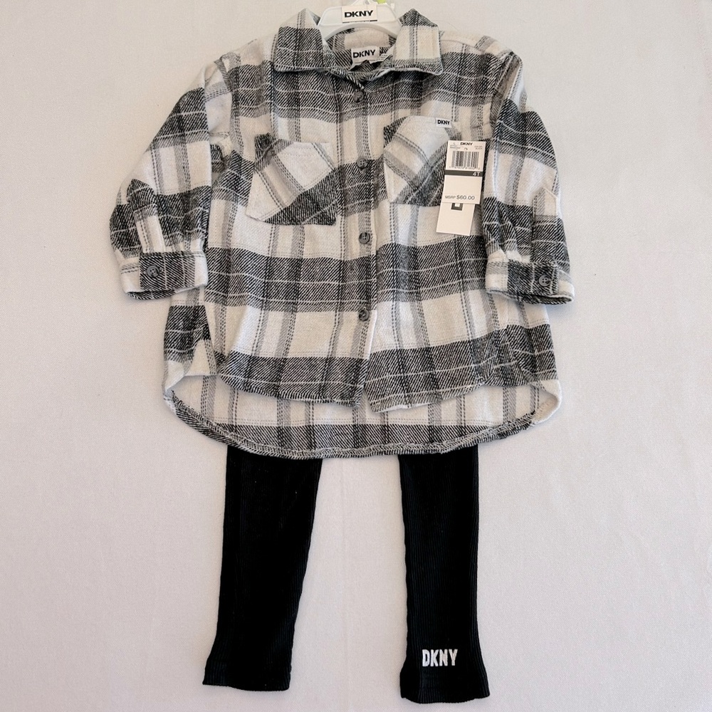 DKNY 4T 2 Piece Set Flannel Plaid Button-Down Shirt & Leggings  NEW